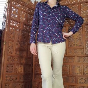 Vintage 70s navy and floral collared long sleeve top